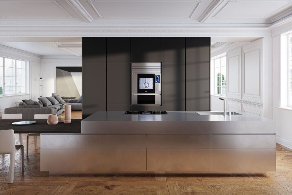 Unox Casa SuperOven in een keuken met roestvrijstalen kookeiland in een klassiek interieur